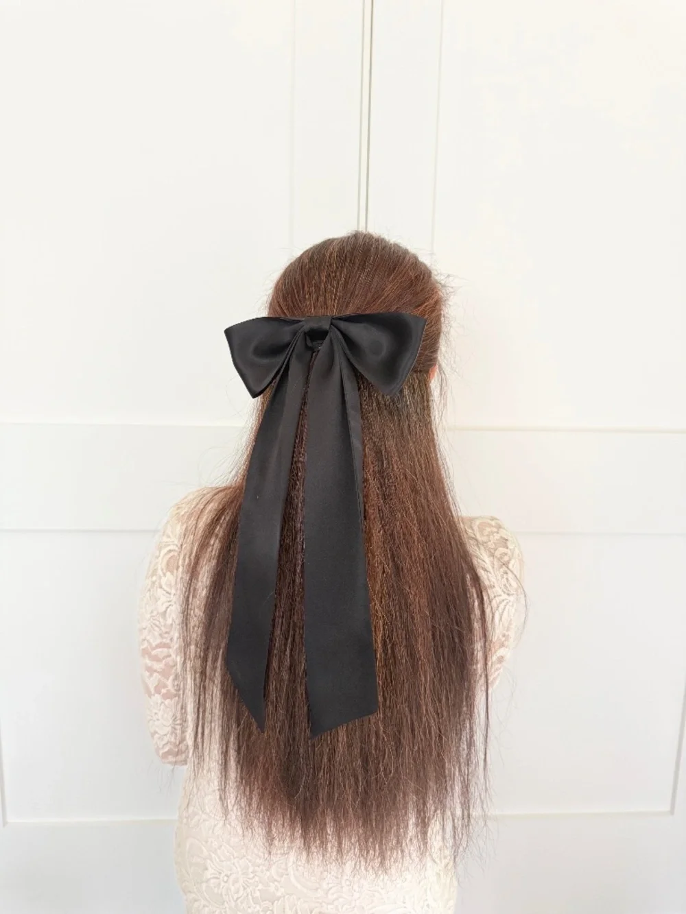 Black Mulberry Silk Hair Bow Long Tail, Handmade Hair Clip